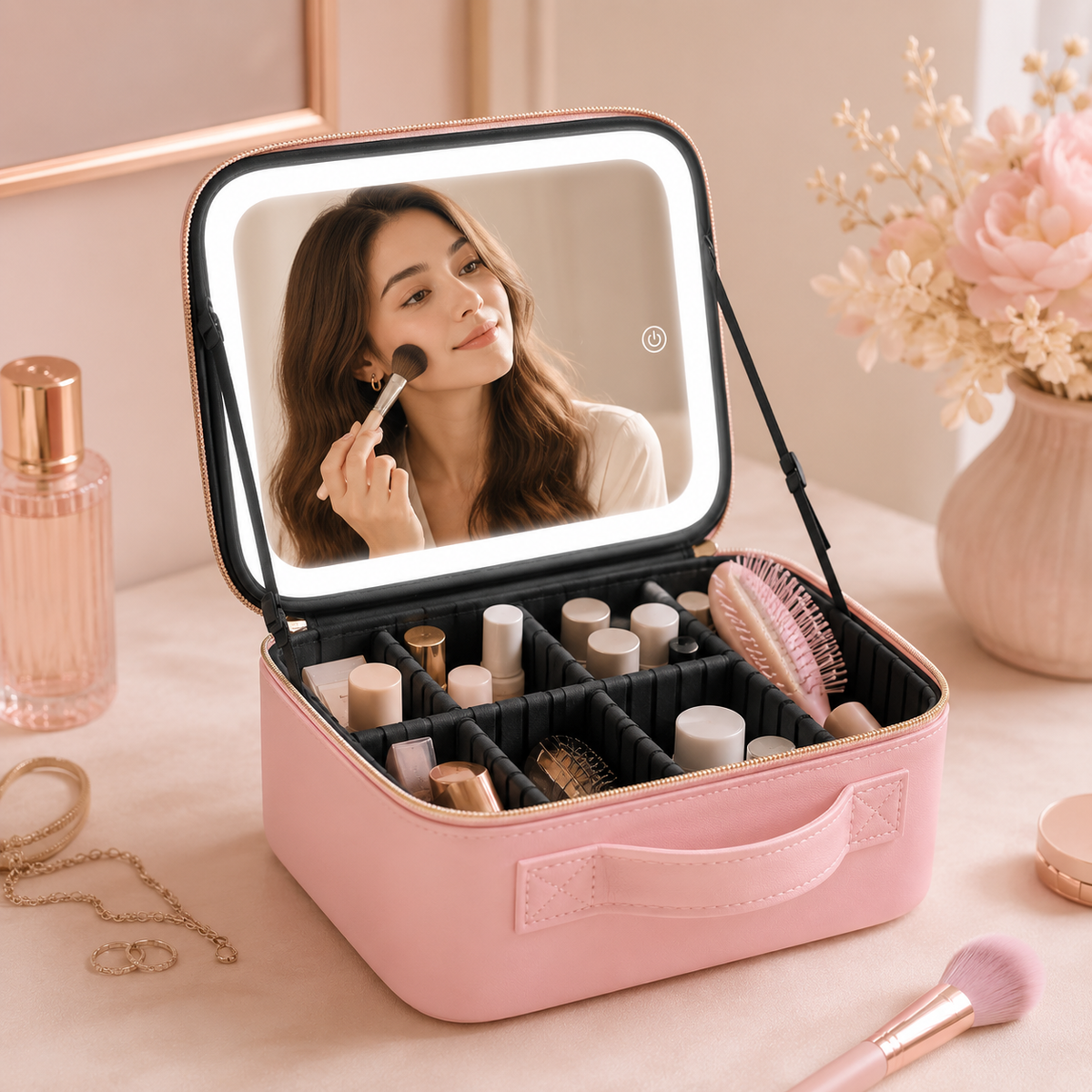 Makeup Organizer Bag with LED Mirror
