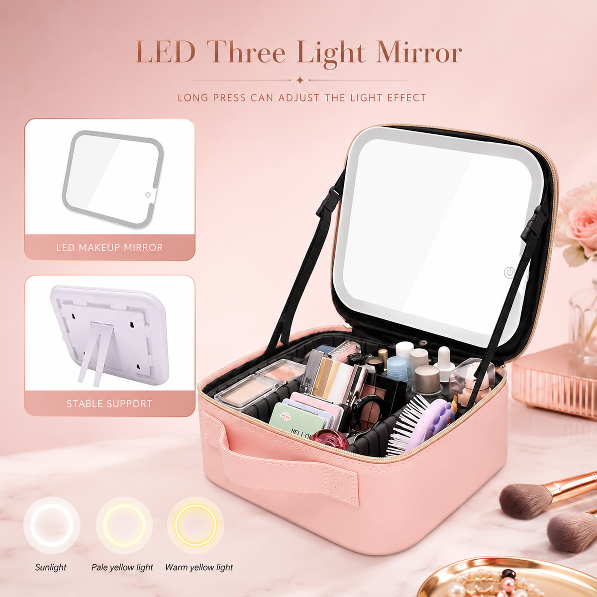 Makeup Organizer Bag with LED Mirror